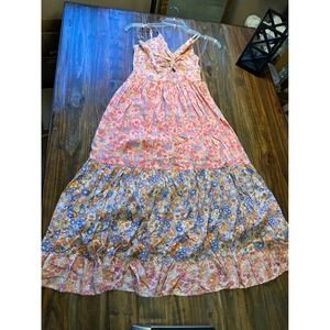 Angie Floral Maxi Dress Pink Blue Tiered Boho Smocked Keyhole Twist Knot Small